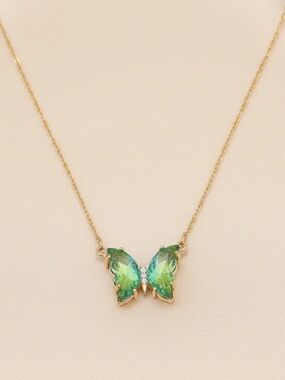 Gold Butterfly Necklace – Colorful Statement Pendant- Green